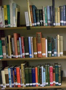 Photograph of books on biography at the Alexander Library